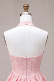 Floral Jacquard Pink Corset Ruffled Halter Short Cocktail Dress