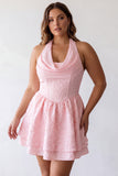 Floral Jacquard Pink Corset Ruffled Halter Short Cocktail Dress