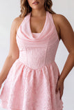 Floral Jacquard Pink Corset Ruffled Halter Short Cocktail Dress