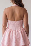 Floral Jacquard Pink Corset Ruffled Halter Short Cocktail Dress