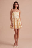 Light Yellow Sparkly Floral Sequin Strapless Short Cocktail Dress