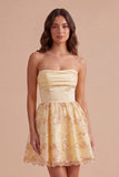 Light Yellow Sparkly Floral Sequin Strapless Short Cocktail Dress