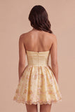 Light Yellow Sparkly Floral Sequin Strapless Short Cocktail Dress