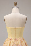 Light Yellow Sparkly Floral Sequin Strapless Short Cocktail Dress