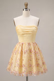Light Yellow Sparkly Floral Sequin Strapless Short Cocktail Dress