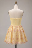 Light Yellow Sparkly Floral Sequin Strapless Short Cocktail Dress