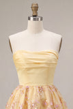 Light Yellow Sparkly Floral Sequin Strapless Short Cocktail Dress