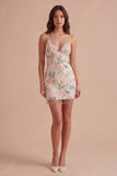 White Pink Flower Sparkly Sequin Short Cocktail Dress