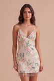 White Pink Flower Sparkly Sequin Short Cocktail Dress
