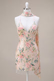 White Pink Flower Sparkly Sequin Short Cocktail Dress
