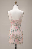 White Pink Flower Sparkly Sequin Short Cocktail Dress