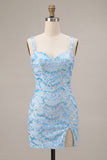 Sparkly Sequin Sky Blue Short Cocktail Dress with Slit