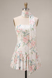 Sparkly Sequin White Pink Flower Short Cocktail Dress