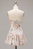 Sparkly Sequin White Pink Flower Short Cocktail Dress