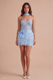 Sky Blue Sparkly Sequin Corset Short Cocktail Dress