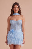Sky Blue Sparkly Sequin Corset Short Cocktail Dress