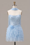 Sky Blue Sparkly Sequin Corset Short Cocktail Dress