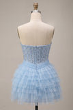 Sky Blue Sparkly Sequin Corset Short Cocktail Dress