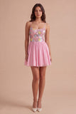 Sparkly Floral Pink Sequin Short Cocktail Dress