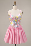 Sparkly Floral Pink Sequin Short Cocktail Dress