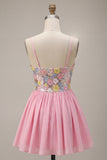 Sparkly Floral Pink Sequin Short Cocktail Dress