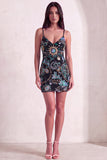 Sparkly Green Bodycon Spaghetti Straps Floral Short Cocktail Dress with Sequins