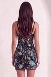 Sparkly Green Bodycon Spaghetti Straps Floral Short Cocktail Dress with Sequins