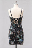 Sparkly Green Bodycon Spaghetti Straps Floral Short Cocktail Dress with Sequins