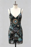 Sparkly Green Bodycon Spaghetti Straps Floral Short Cocktail Dress with Sequins