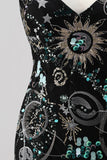 Sparkly Green Bodycon Spaghetti Straps Floral Short Cocktail Dress with Sequins