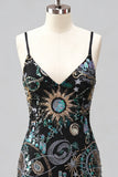 Sparkly Green Bodycon Spaghetti Straps Floral Short Cocktail Dress with Sequins