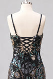 Sparkly Green Bodycon Spaghetti Straps Floral Short Cocktail Dress with Sequins