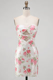 Sparkly White Floral Sequins Bodycon Strapless Short Keyhole Cocktail Dress