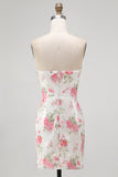 Sparkly White Floral Sequins Bodycon Strapless Short Keyhole Cocktail Dress