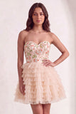 Sparkly Sequins Pink Floral A-Line Ruffled Short Cocktail Dress with Beading