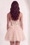 Sparkly Sequins Pink Floral A-Line Ruffled Short Cocktail Dress with Beading