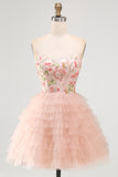 Sparkly Sequins Pink Floral A-Line Ruffled Short Cocktail Dress with Beading