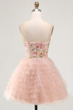 Sparkly Sequins Pink Floral A-Line Ruffled Short Cocktail Dress with Beading