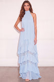 Light Blue Ruffled Halter Long Wedding Guest Dress