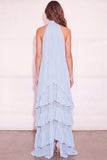 Light Blue Ruffled Halter Long Wedding Guest Dress