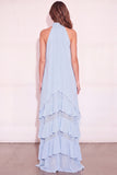 Light Blue Ruffled Halter Long Wedding Guest Dress