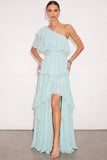 Light Green Ruffled Long Wedding Guest Dress with Slit