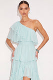 Light Green Ruffled Long Wedding Guest Dress with Slit