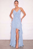 Light Blue Ruffled Long Wedding Guest Dress with Slit