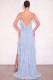 Light Blue Ruffled Long Wedding Guest Dress with Slit
