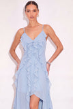 Light Blue Ruffled Long Wedding Guest Dress with Slit