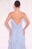 Light Blue Ruffled Long Wedding Guest Dress with Slit