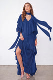 Light Blue A Line Long Ruffled Wedding Guest Dress with Slit