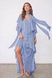 Light Blue A Line Long Ruffled Wedding Guest Dress with Slit