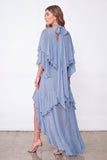 Light Blue A Line Long Ruffled Wedding Guest Dress with Slit